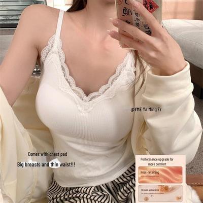 Women's Cashmere Lace Suspender Vest with Fixed Chest Pads: Thickened Warm Inner Wear, Slim Fit for Autumn and Winter.