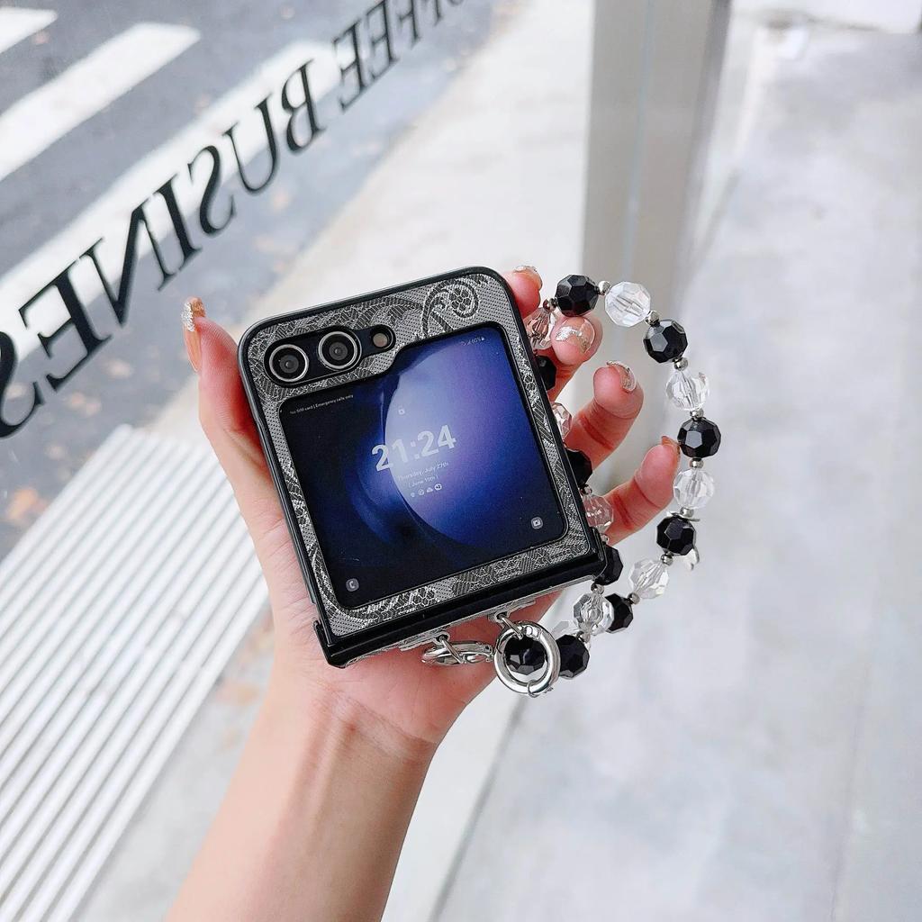 PU kožený korálkový kryt na telefon s poutkem na zápěstí pro Samsung Galaxy Z Flip 6 5 4 3 5G Ochrana pantu Nárazuvzdorný kryt