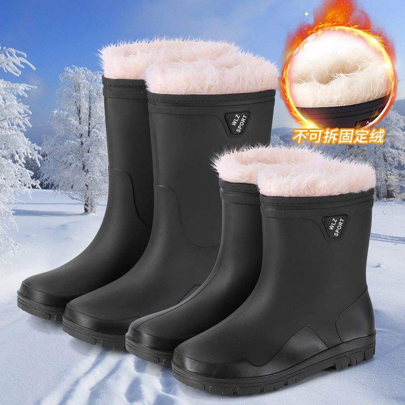 Rain Shoes Men's Closed New Waterproof Shoes Outdoor Water Boots Kitchen Non-slip Work Rubber Shoes Velvet Cotton Warm Rain Boots