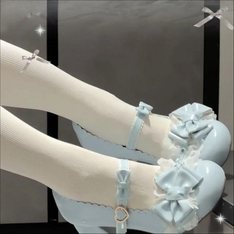 Urocze Damskie Buty Mary Jane na Średnim Obcasie Kokardka Koronka Urocze Buty Lolita Okrągły Nosek Grubszy Obcas Słodkie Szpilki Zapatos De Mujer
