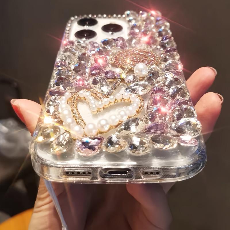 Luxury Fashion Crystal Pink Hardware Lollipop Pearl Heart Drop-Proof Phone Case with Crystal Lanyard, Suitable for iPhone 17 Pro Max / 16 Plus