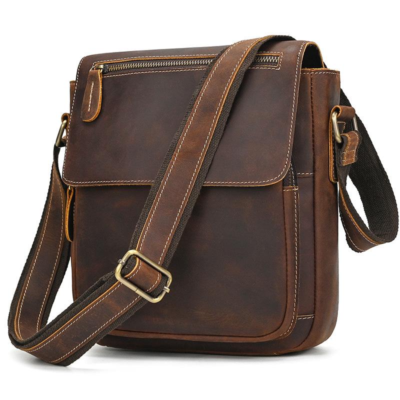 Men'S Genuine Leather Shoulder Bag Crazy Horse Leather Messenger Bag First Layer Cowhide Flip Shoulder Bag Casual Bag