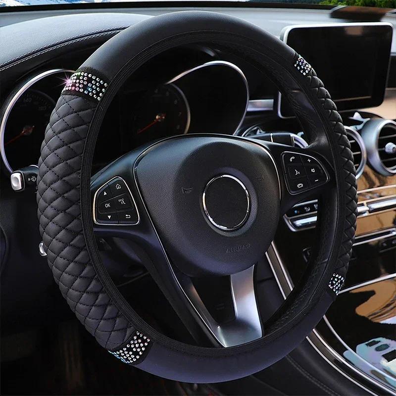 All-Season Diamond-Studded Leather Steering Wheel Cover - Universal Fit 37-38cm for Cars