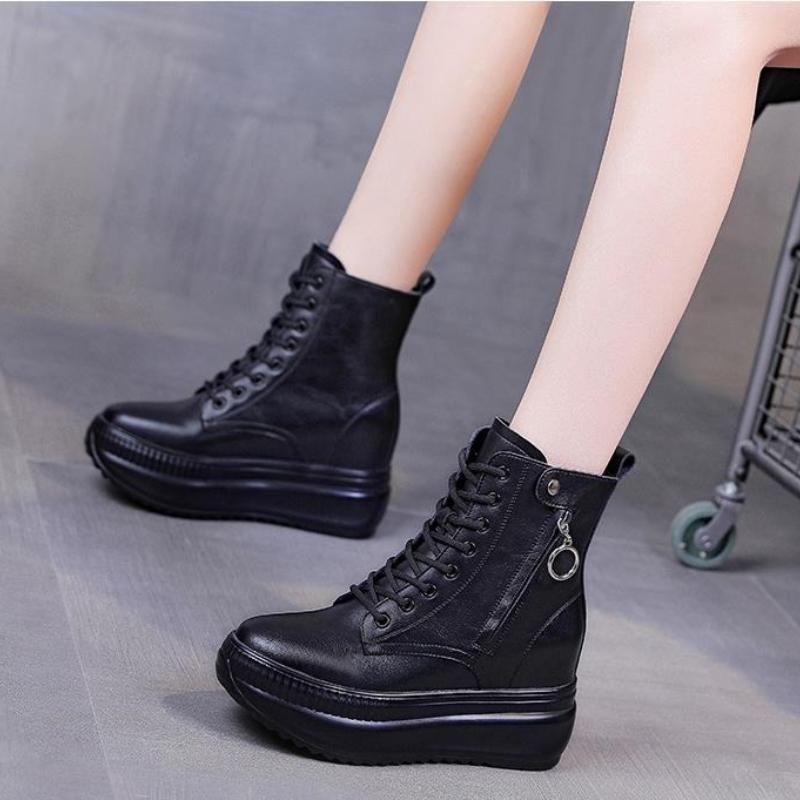 Fashion New 8cm Height Increasing Ankle Boots For Women Real Cowhide Chunky Platform Casual Short Boots Autumn Winter Warm Shoes Black