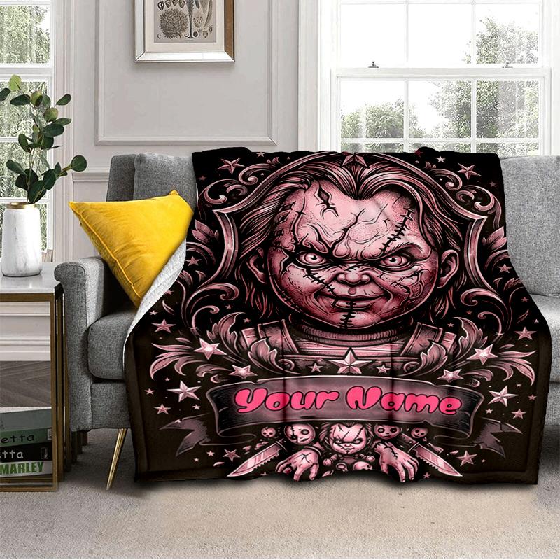 1PC Custom Name Horror Movie Poster flannel blanket versatile,all-season throw suitable for the living room,bedroom,camping,travel,and gift