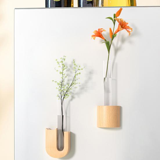 Fridge Magnet Vase Clear Glass Tube Vase with Wooden Base Magnetic Mini Vase for Flowers Herbs Refrigerator Kitchen Decor