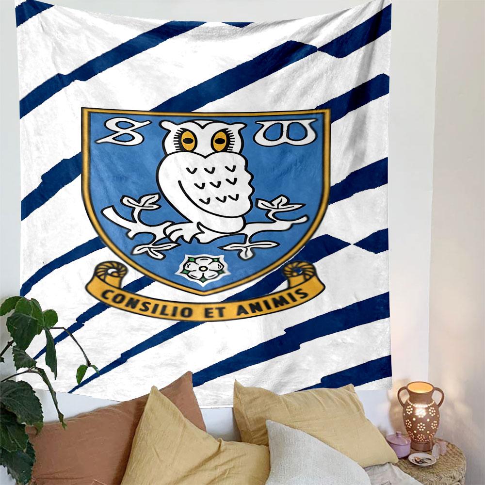 Owl Emblem with Blue and White Stripes Patterned Tapestry Decorative Wall Hanging, Home Bedroom Living Room Decor