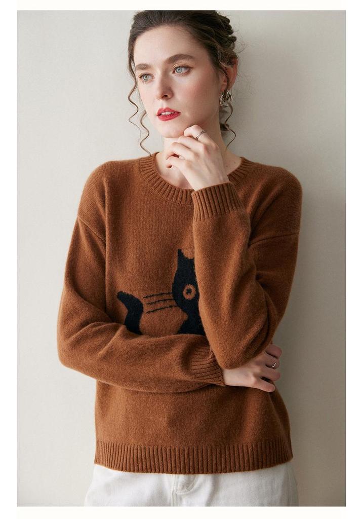 2025 Autumn/Winter Women's Cashmere Kitten Jacquard Long Sleeve Sweater - Round Neck