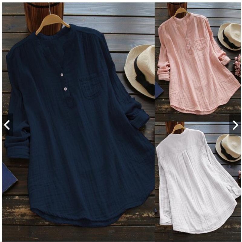 Women's Oversized Cotton Linen Blouse Stand Collar Solid Long Sleeve Loose Casual Shirt Plus Size Tops