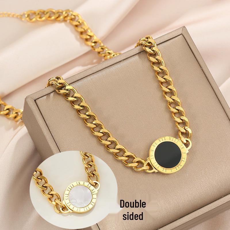 Exaggerated Black Round Tag Chunky Chain Necklace - Titanium Steel Women's Fashion Choker