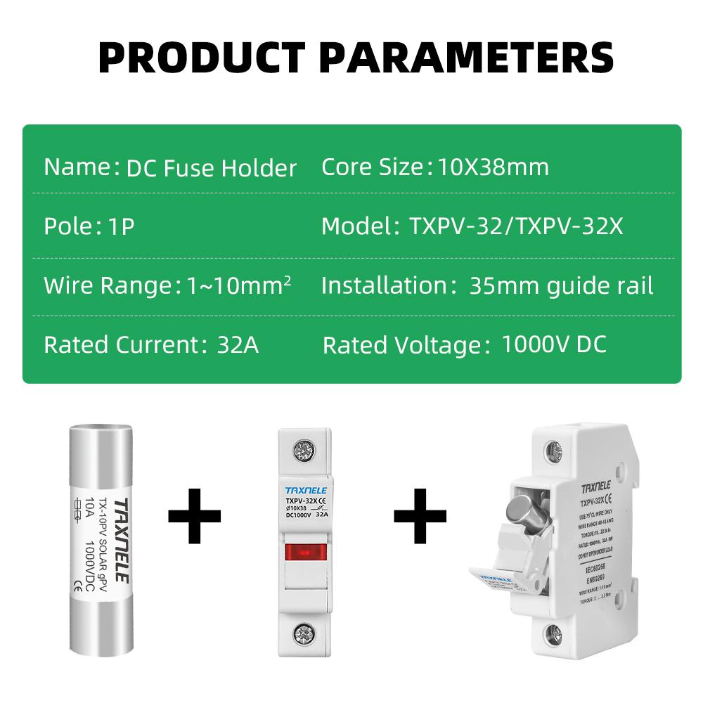 Solar DC Fuses 1000V PV Photovoltaic 6A 10A 15A 20A 25A 30A  DC Fuse Holder Base  for Solar System Short Circuit Protection gpV