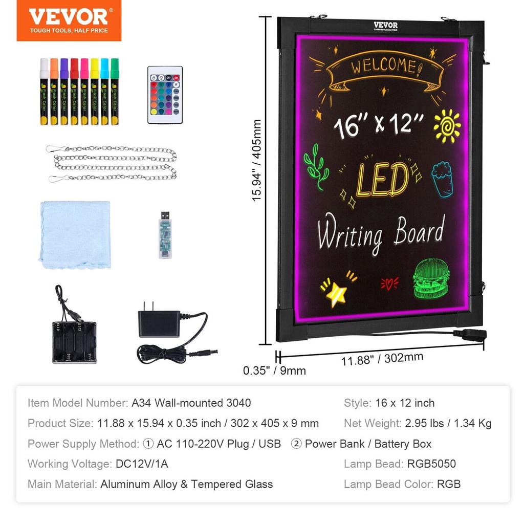 LED Message Writing Board 40.6x30.5 cm Illuminated Erasable Lighted Chalkboard