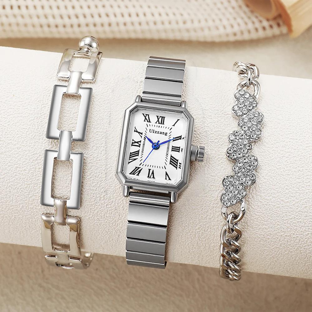 

Fashionable and versatile simple alloy material square dial women s quartz watch bracelet set of 3, suitable for Christmas and T срібний