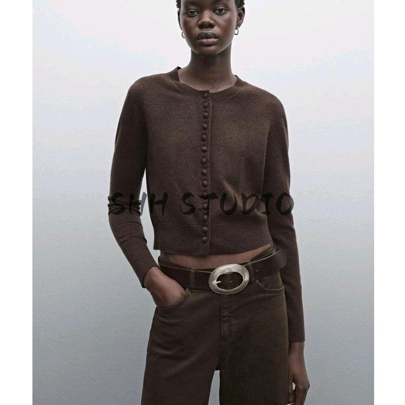 MD Spring New Women's Clothing French Simplicity Wind Round Neck Long Sleeves Wool Blend-Knitted Cardigan 5700637