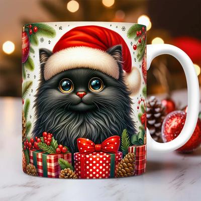 3D Black Cat Black Cat Ceramic Coffee Mark Cup Highland Cattle Christmas Hat Cow