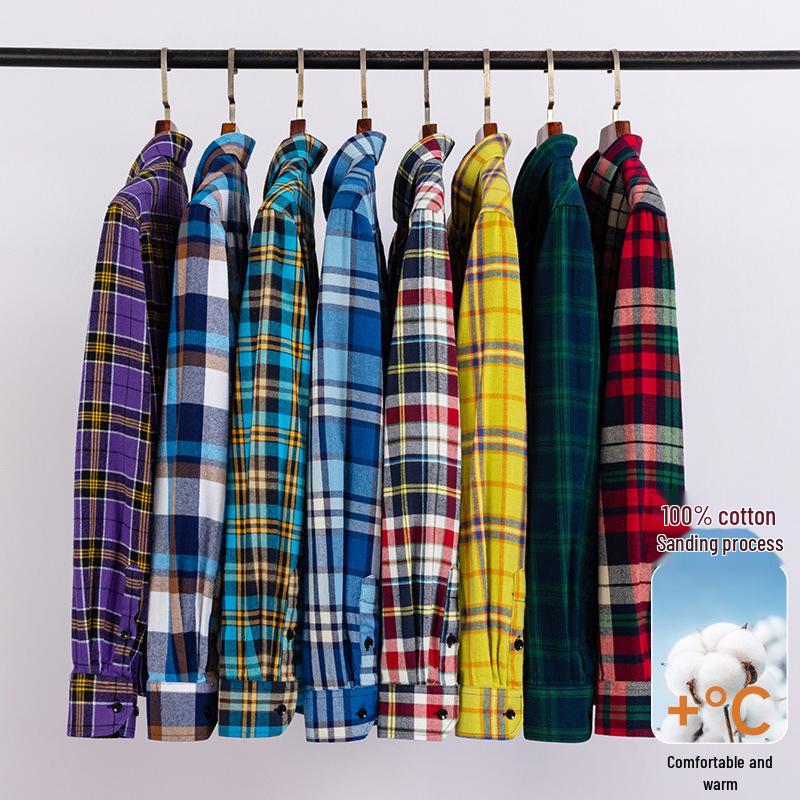 Men's Plus Size Pure Cotton Brushed Plaid Long Sleeve Shirt - Business Casual & Breathable