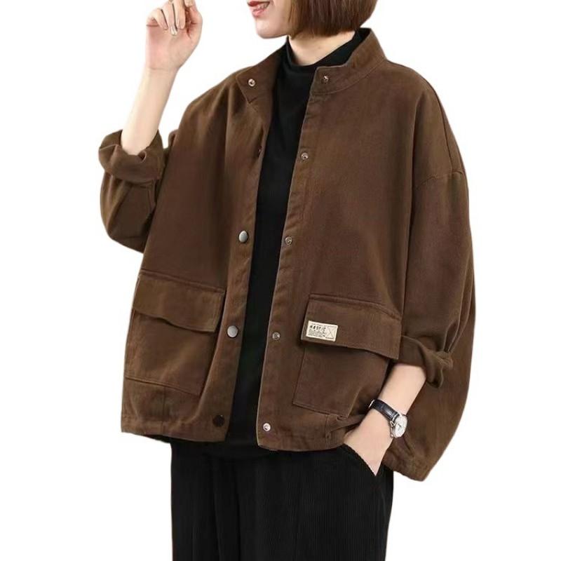 Womens Oversized Relaxed Fit Stand Collar Denim Cotton Utility Jacket 2026 Casual Streetwear