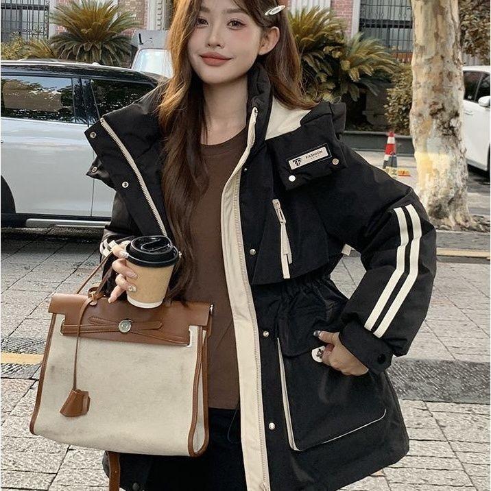 New Contrast Waist Hooded Coat Long Plus Velvet Coat Loose Down in Autumn and Winter Cotton-padded Jacket