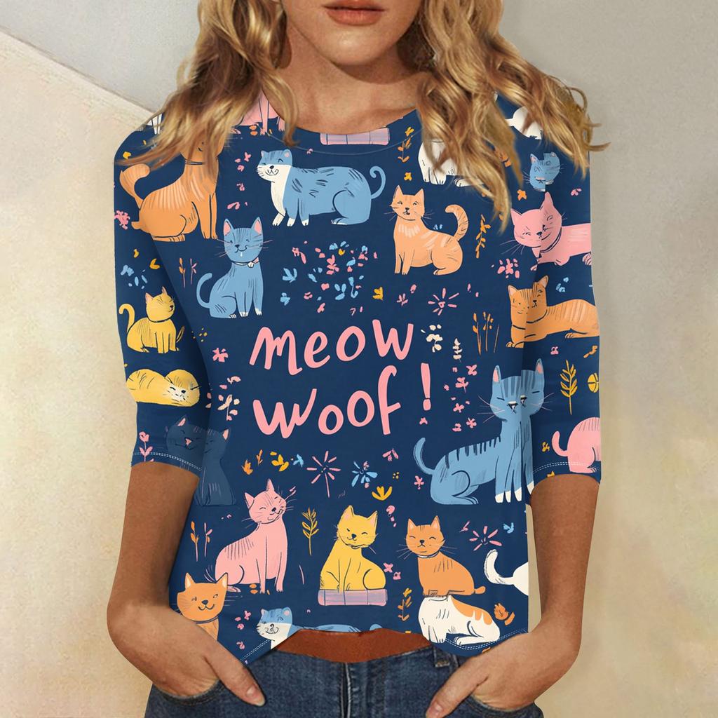 Dámská móda volný ležérní top s kulatým výstřihem se sedmi rukávy