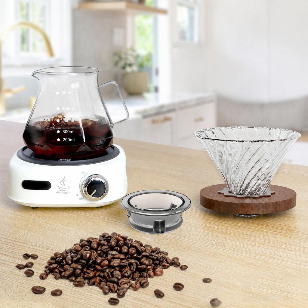 FGIUKC Coffee Server, Heat-Resistant Glass, Wooden Holder, Dripper, 600ml, with Measurement Markings, 2-4 Servings, Microwave Safe, V60 Hand Drip Set,