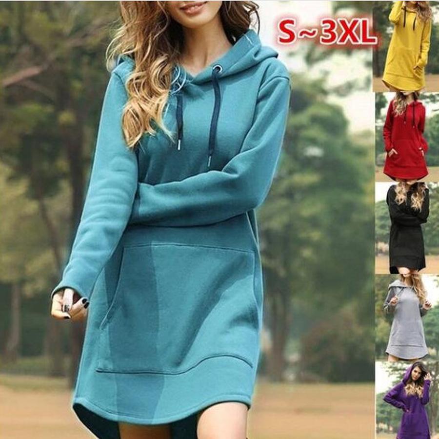 Fall Winter New Arrivals Women's Loose Fit Solid Color Pocket Long Sleeve Hoodie Dress