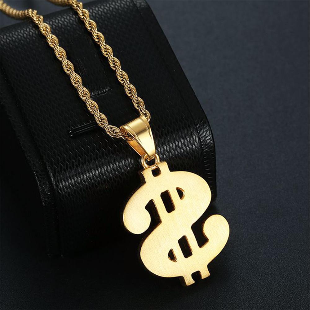 Hip Hop Iced Out Bling Dollar Sign Pendant Gold Color Stainless Steel Rapper Money Necklace For Men Women Hippie Jewelry Gift