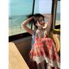 Plaid dress summer new lace V-neck slim fit high waist coffee break plaid suspender dress women