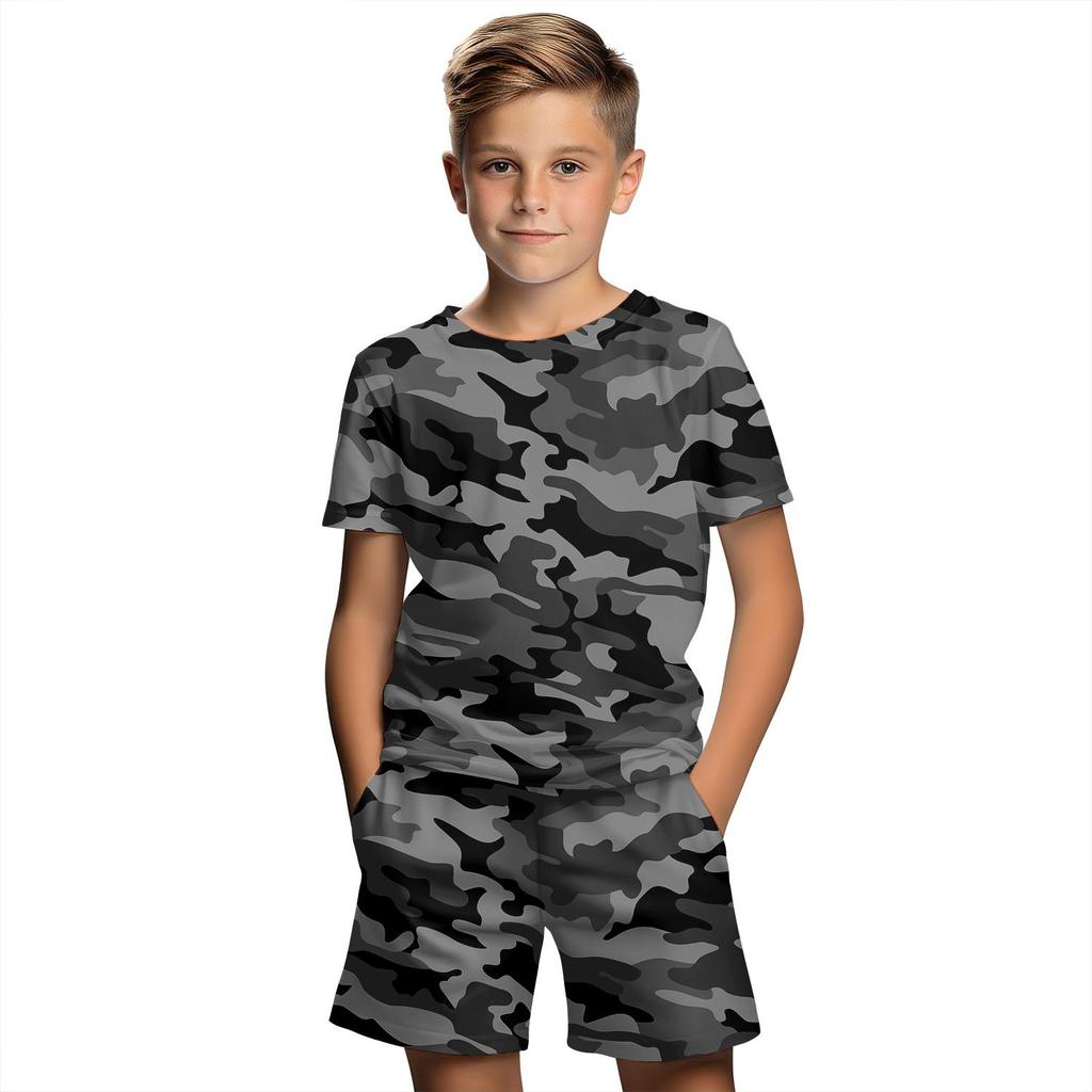 Roupas infantis, terno para meninos, estampa camuflada 3D, verão, manga curta, camiseta, conjunto, shorts, roupas para meninos e meninas, conjuntos infantis