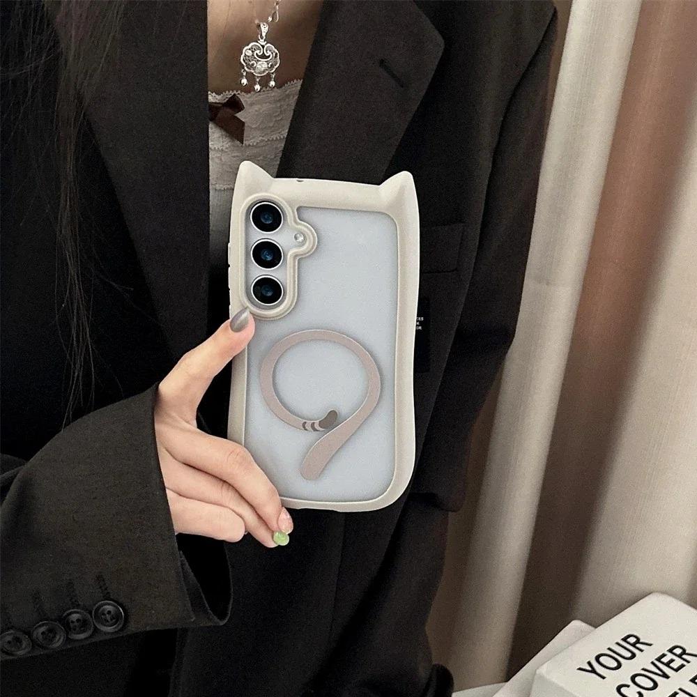 Süßes Katzenohr für Magsafe Hülle Für Samsung Galaxy S25 S24 S23 Ultra Plus Transparente PC TPU Magnetische Abdeckung Kabelloses Ladegehäuse