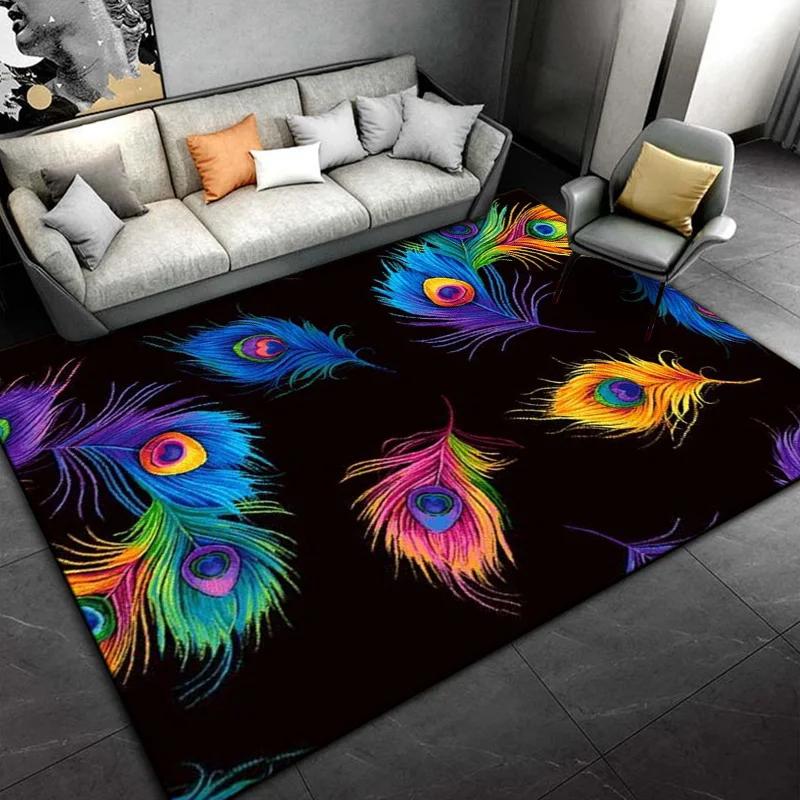 Peacock Feather Pattern Area Rug Colorful Animal Bird Fur Non-slip Carpet, Living Room Bedroom Polyester Mat Home Decor Doormat