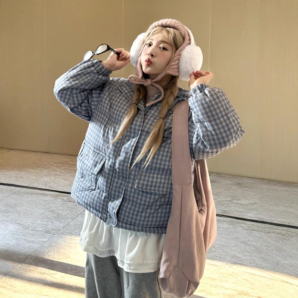 Bavlněné kostkované oblečení s kapucí a stojáčkem Dámské zimní Nové Retro Teplé Sladké Chlebové oblečení Bunda