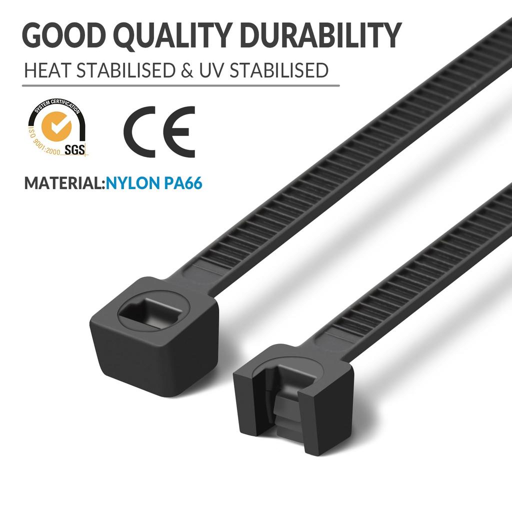 XINGO 1500pcs Black Cable Ties, 100mm, 150mm, 200mm, 250mm, 300mm, Heavy-Duty Self-Locking Premium Plastic Cable Wire Ties for Indoor and Outdoor Use