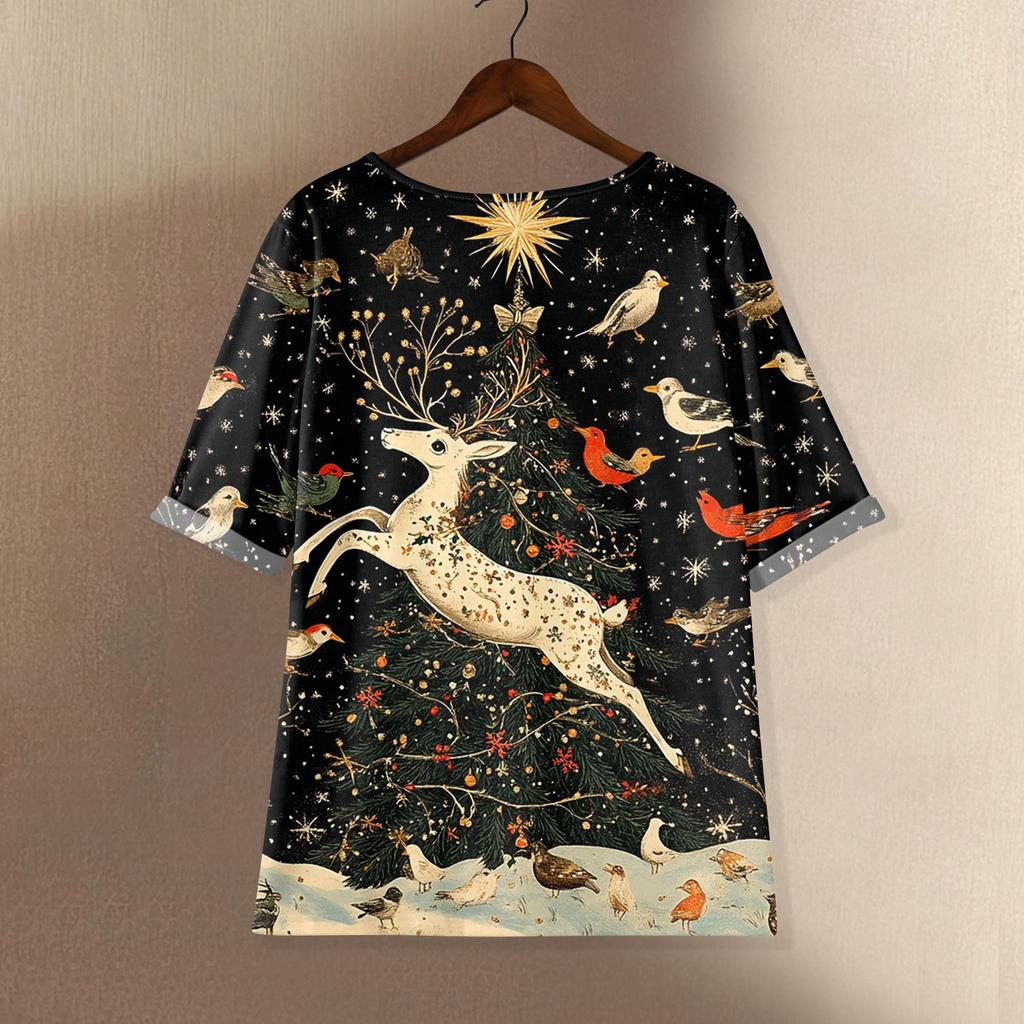 Women's Fashionable And Casual Shirt Half-sleeve Round Neck Print Cotton And Linen Blouse Top