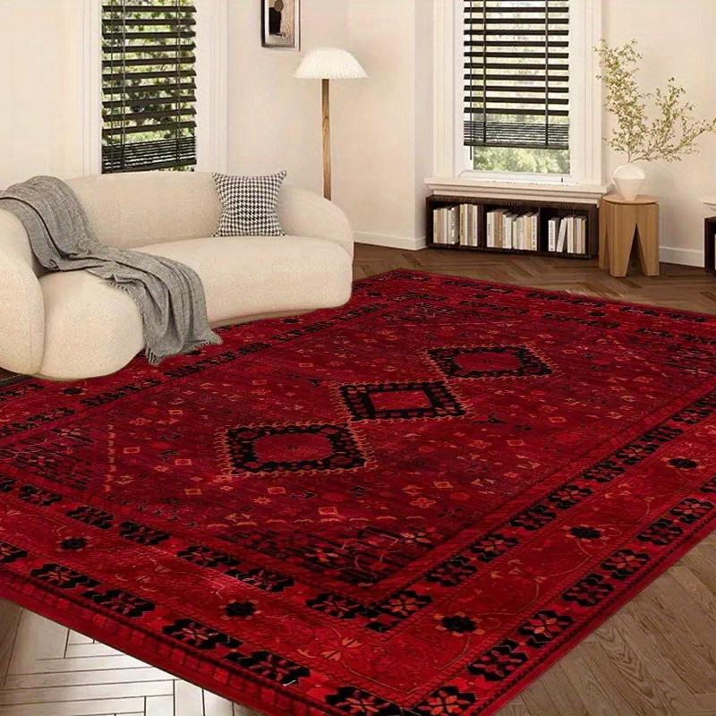 Extra Large Mat Non Slip Backing Machine Washable Vintage Bohemian Red Black Geometric Plush Floor Mat Living Room Bedroom