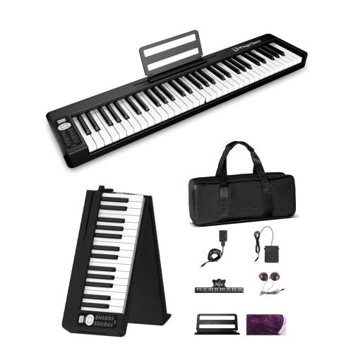 Folding 61-Key Digital Piano for Beginners, Lightweight, Practice, Cute, Music Stand, Earphone Compatible, Speaker, External Sheet (Black, Compact)