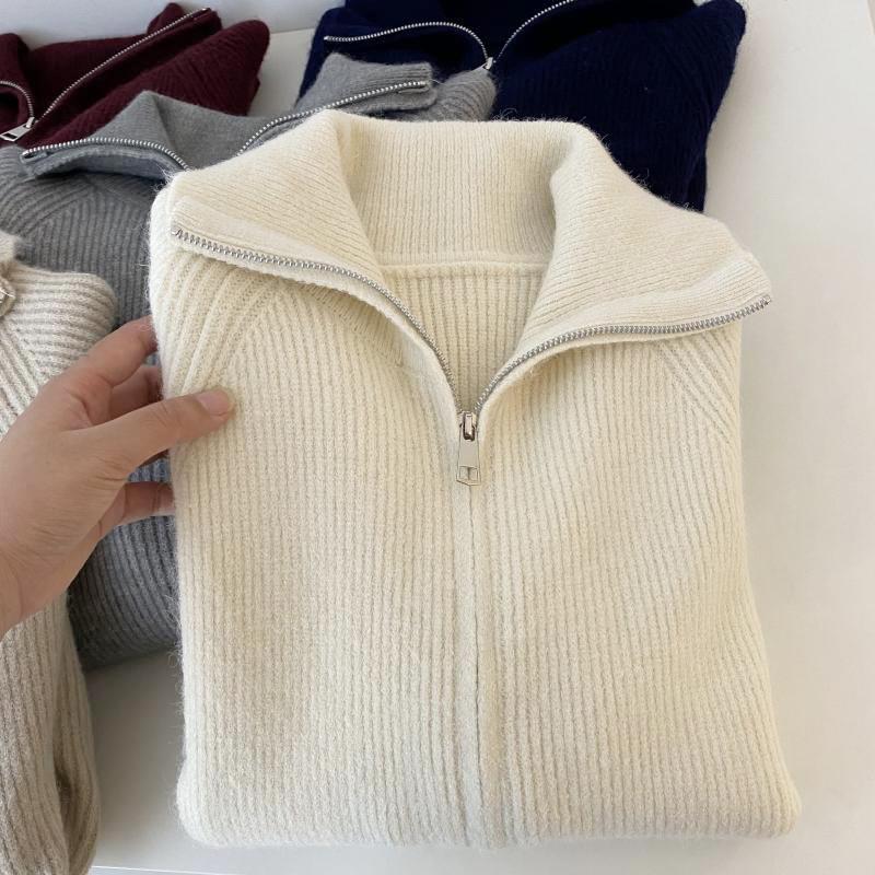 

Кардиган на молнии с подплечниками, воротником-стойкой, женское вязаное пальто, новый свитер с лацканами One Size абрикосовый