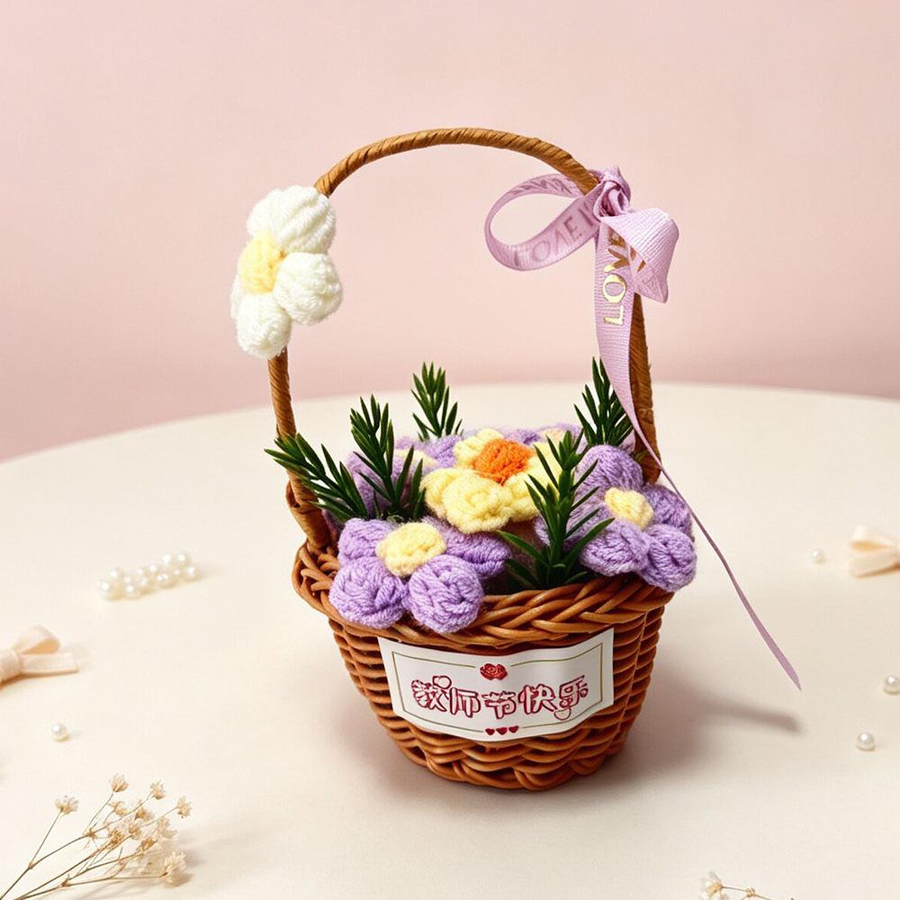 Hand-Knitted Yarn Flower Basket Gift for Teacher's Day