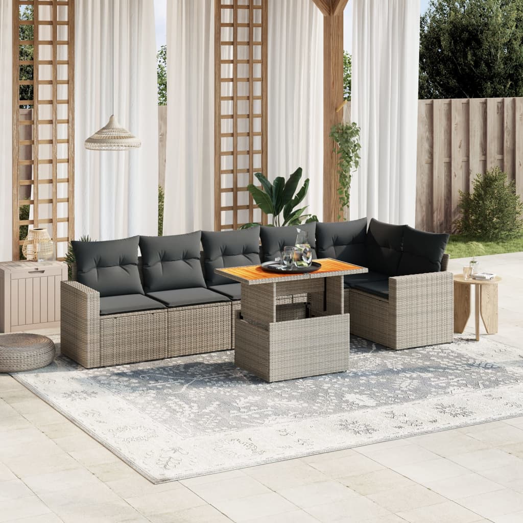 7 Piece Grey Garden Sofa Set with Cushions Poly Rattan