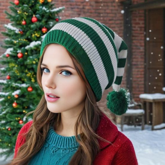 Santa Hat Red White Green Striped Print Knitted Christmas Hat with Plush Ball Decor Holiday Accessory