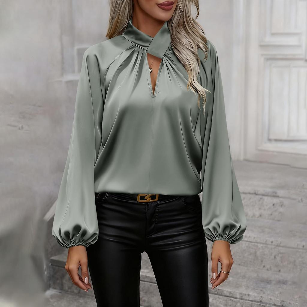 Damen Minimalistisch Hoher Halsausschnitt Farbe Plissiert Lässig Vielseitig Satin Langarm T-Shirt Top