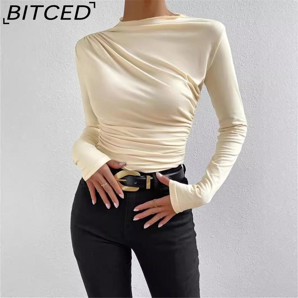 BITCED Women's Solid-Colour Slim-Fit Base Layer Top Versatile Pleated Detail Long-Sleeved T-Shirt
