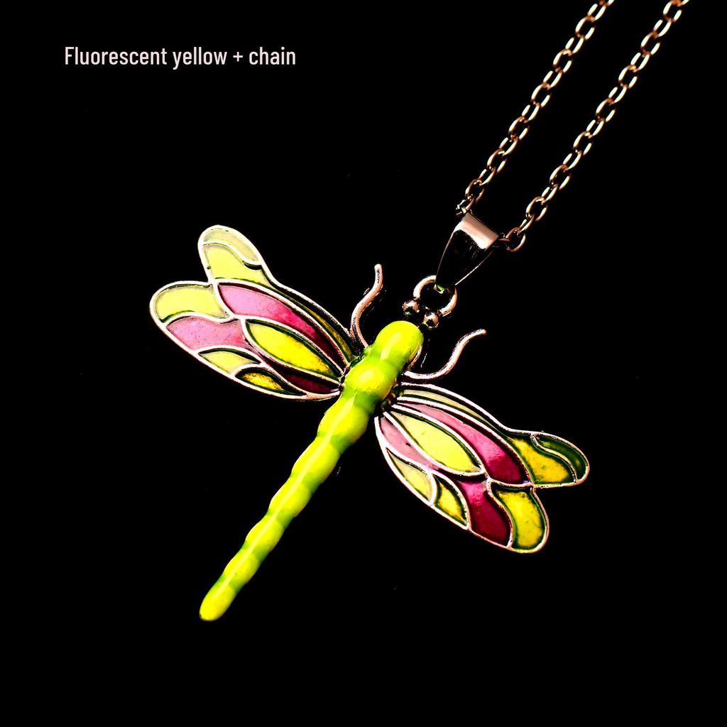 Silver Dragonfly Necklace with Luminous Butterfly - Retro Forest-Inspired
