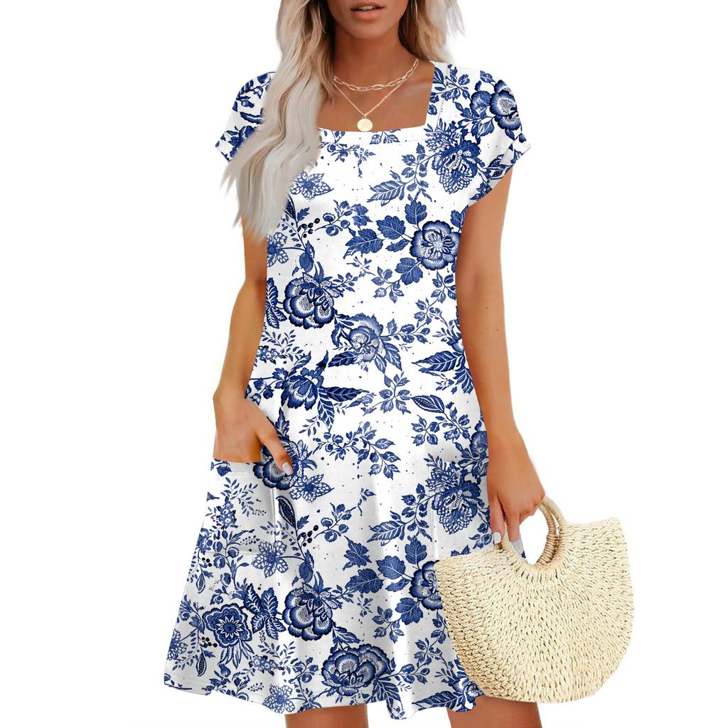 Summer Dresses For Women Loose Square Neck Cap Sleeve Casual Beach Vacation Tshirt Dress Sundresses With Pockets