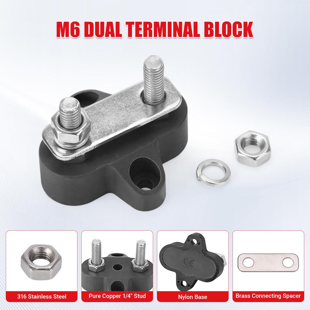 5/16" 48V Positive & Negative Ground Red Black Power Distribution Terminal Block FOR Truck Car RV Boat M6 M8 Dual Terminal Studs