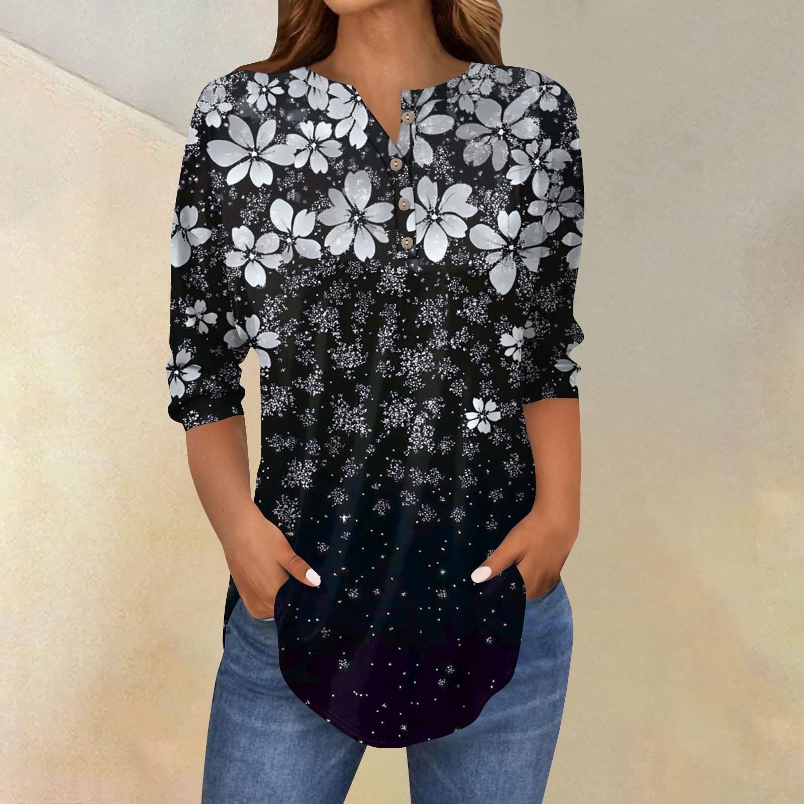 

Женская свободная футболка с воротником на пуговицах и винтажным цветочным принтом, рукав три четверти XL тёмно-синий