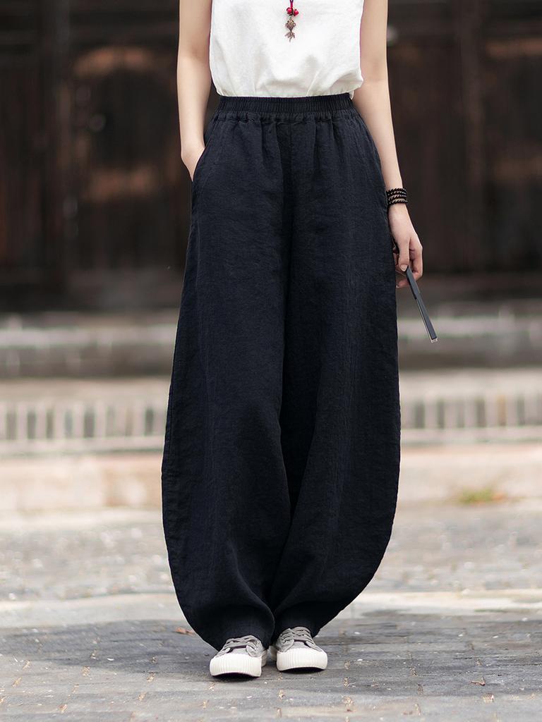 Johnature Women Vintage Pants Summer Chinese Style Solid Color Loose Elastic Waist Trousers Soft Pants
