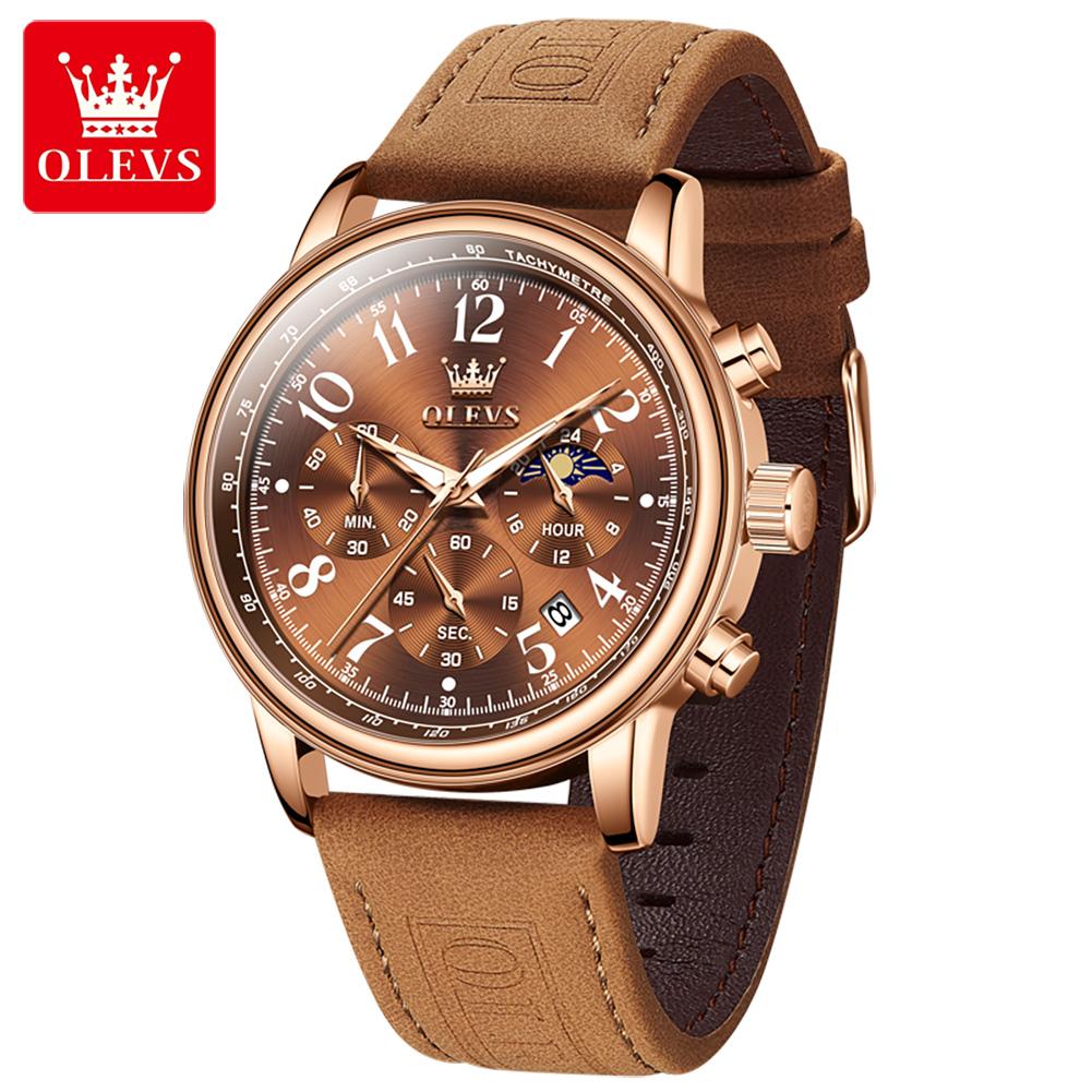 OLEVS Men's Watches Casual Fashion Leather Strap Waterproof Original Quartz Wristwatch for Man Moon Phase Date Chronograph 2912