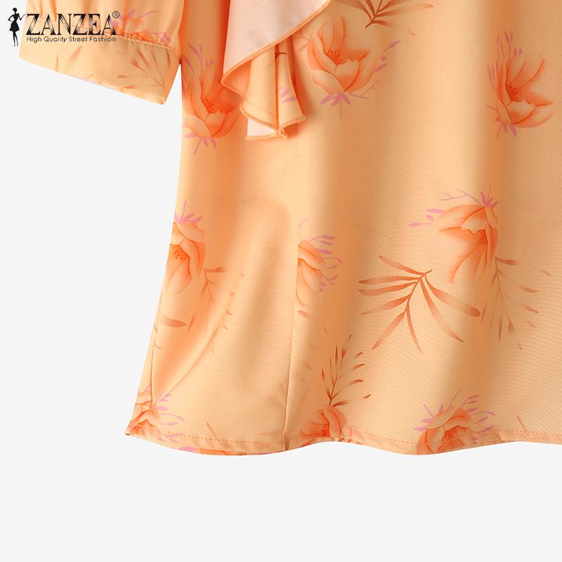 ZANZEA Women Casual Round Neck Ruffles Short Sleeve Loose Print Blouse