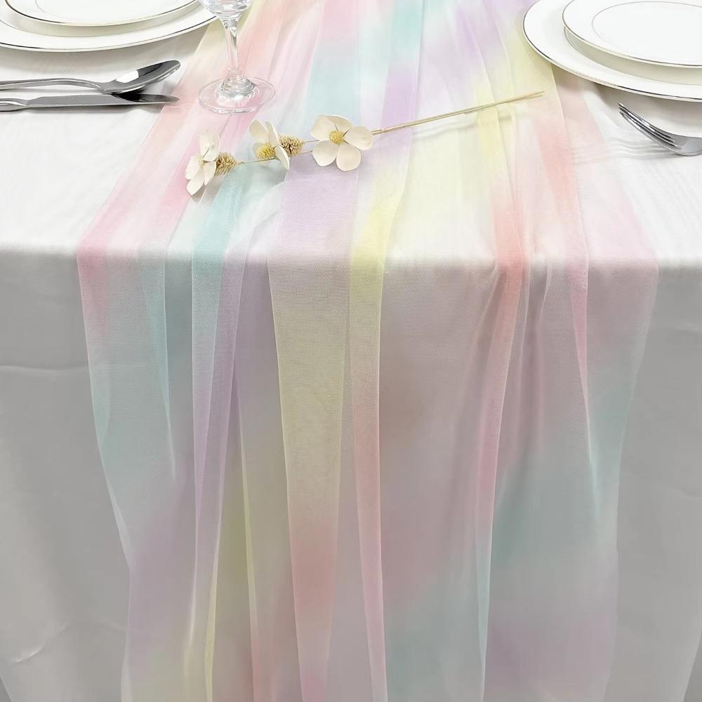New 75X180CM Table Runner Rainbow Gradient Table Cloth Sheer Mesh Gauze Dining Table Decoration Brithday Party