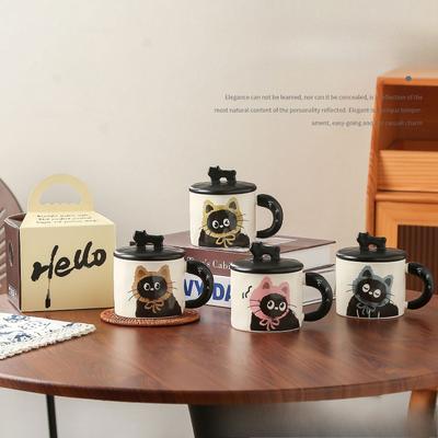 High End Retro Cup High Value Cute Cat Mug Breakfast Cup Drinking Water Cup with Lid Spoon Gift